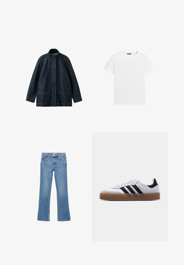 Mørkeblå denimjakke med opretstående krave, skjult frontlukning, lange ærmer og forlommer, vist mod en hvid baggrund.; Almindelig hvid T-shirt med korte ærmer, rund halsudskæring og lille sort label inden i kraven.; Lysblå denim flared jeans med en mid-rise talje, fem lommer og subtil fading. Benene udvider sig mod bunden. Ingen pynt.; Hvide lædersneakers med sorte striber, gummirubber sål, rund tå, snørelukning og blød grå ruskinds tåhætte.