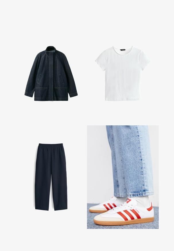 Donkerblauwe spijkerjas met opstaande kraag, verborgen sluiting aan de voorkant, lange mouwen en voorzakken, afgebeeld tegen een witte achtergrond.; Witte T-shirt met korte mouwen en ronde hals, met een zwart label aan de binnenkant van de kraag waarop "NEXT" staat.; Navy blauwe broek van gladde stof, met een elastische tailleband, twee zijzakken en een relaxte pasvorm met rechte pijpen.; Witte leren sneakers met rode strepen en accenten. Voorzien van een getextureerde gumrubberen outsole en een gevoerde kraag. Draag ze met lichtblauwe denim.