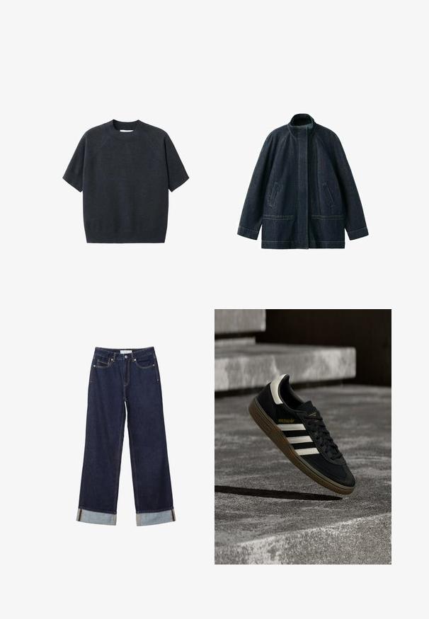 Veste en jean bleu foncé avec col montant, fermeture avant cachée, manches longues et poches avant, présentée sur fond blanc.; Pull tricot coupe courte gris foncé à manches courtes avec col rond, présentant une coupe ample et des manches raglan, fabriqué à partir d'un tissu doux et texturé.; Jean denim bleu foncé à jambes larges avec ourlets retroussés, bouton devant, braguette zippée et design à cinq poches.; Baskets Adidas noires avec des bandes blanches et une semelle en gomme flottant au-dessus d'escaliers en béton gris sous une lumière naturelle.