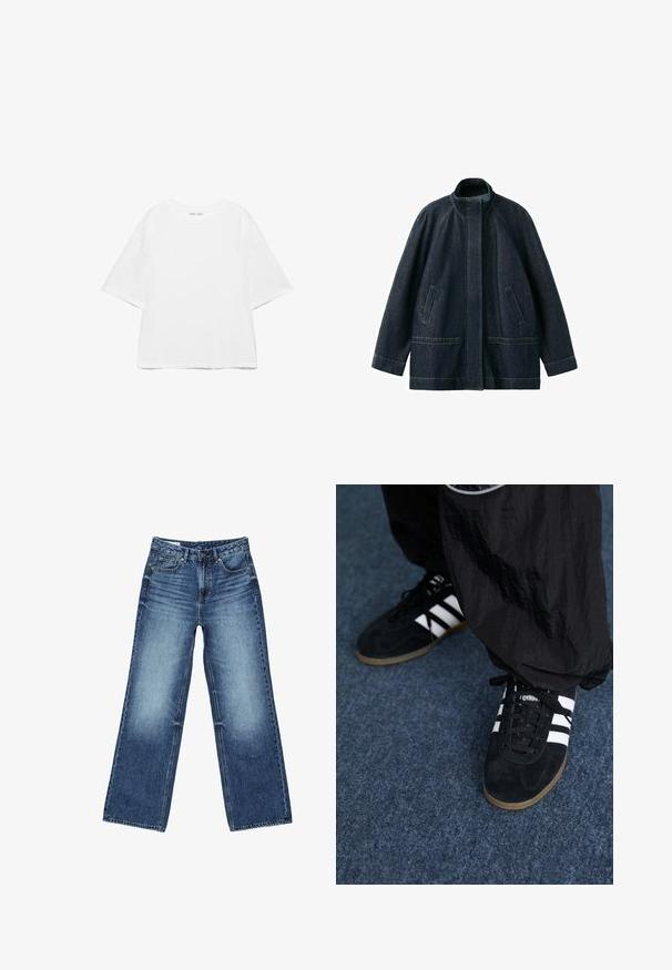 Veste en jean bleu foncé avec col montant, fermeture avant cachée, manches longues et poches avant, présentée sur fond blanc.; T-shirt blanc oversize à manches courtes avec col rond, design uni, et coutures d'épaule tombantes sur fond blanc.; Jean denim bleu à jambes larges avec poches avant et poche monnaie, fermeture à boutons, et lavage délavé sur les cuisses et les genoux.; Des chaussures de sport en suède noir avec trois rayures blanches et des lacets noirs. Un pantalon noir texturé est partiellement visible à côté des chaussures.