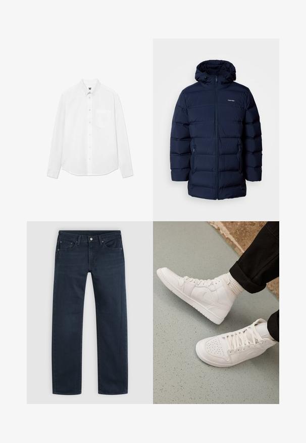 Mørkeblå polstret jakke med hætte, med frontlynlås, elastiske manchetter og to sidelommer. Stoffet har en glat tekstur.; Hvid langærmet skjorte med knapper, krave, forlommer og subtil tekstur. Frontlukning har knapper og et lille logo-detalje.; Mørkeblå straight-leg denimjeans med forreste knap og lynlås, bæltestropper og fem-lomme design på en lys baggrund.; Hvide høj-top sneakers lavet af glat læder med perforeret tå, snørelukning og subtil logo detaljer på siden. Tekstureret gummisål.