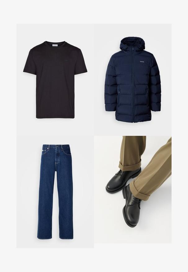 Navy blue padded jacket with a hood, featuring a front zipper, elastic cuffs, and two side pockets. Fabric has a smooth texture.; Mustassa lyhythihaisessa t-paidassa on sileää puuvillaa, pyöreä kaula-aukko ja hillitty logotagi rinnassa. Yksinkertainen ja selkeä muotoilu.; Siniset farkut, joissa on leveä lahjeratkaisu, varustettuna nappikiinnityksellä ja klassisella viiden taskun tyylillä. Kangas on sileää.; Mustat nahkaiset nauhalliset juhlakengät, joita käytetään ylös käännettyjen khakihousujen kanssa valkoisella taustalla.