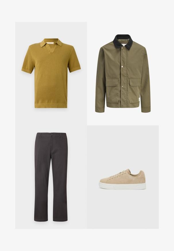 Veste vert olive avec col en velours côtelé noir, boutons-pression à l'avant et deux grandes poches à rabat sur le devant.; Polo à manches courtes en jaune moutarde, avec un tricot texturé, un col en V et des poignets et un ourlet côtelés.; Pantalon gris foncé à jambes droites avec fermeture à boutons, passants pour ceinture et coutures frontales discrètes sur fond blanc.; Baskets basses en daim beige avec fermeture à lacets et semelle en caoutchouc blanc sur fond gris clair.