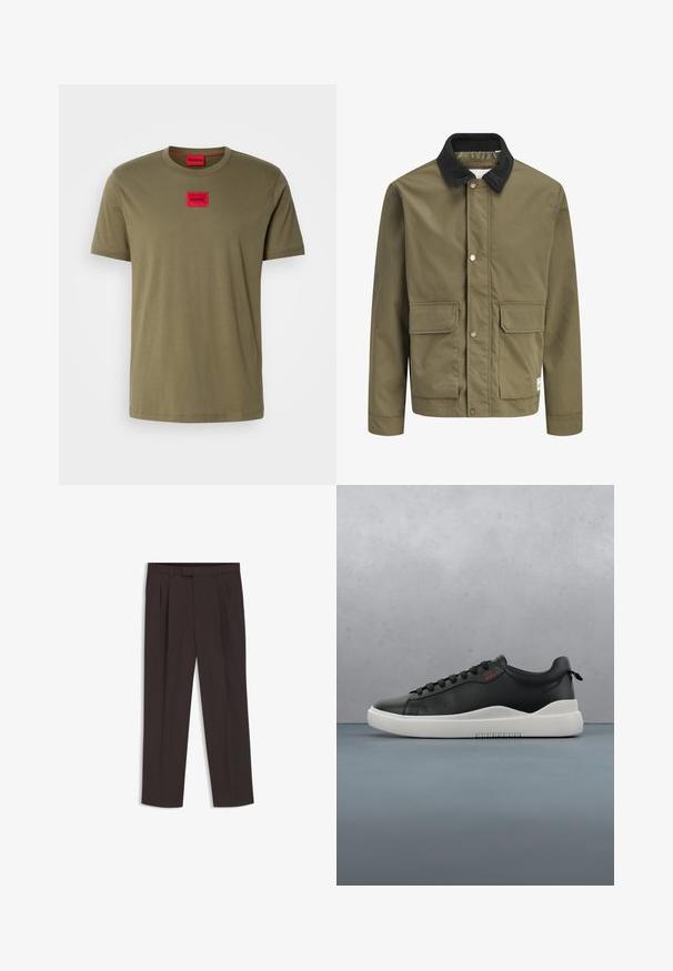 Olivengrøn jakke med sort manchet i kordfløjl, frontknapper med trykknapper og to store forlommer med klap.; Olivengrøn bomulds T-shirt med rund halsudskæring, korte ærmer og et rødt firkantet logo-patch på brystet. Glat tekstur.; Mørkebrune skræddersyede bukser med bæltestropper, forreste læg og lige ben, vist fladt på en hvid baggrund.; Sort sneakers lavet af glat læder, med en grå, struktureret sål, rund tå og sorte snørebånd. Et lille rødt "HUGO" logo er til stede.
