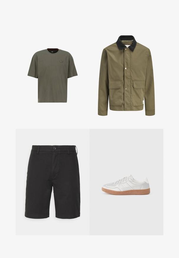 Olivengrøn jakke med sort manchet i kordfløjl, frontknapper med trykknapper og to store forlommer med klap.; Olivengrøn kortærmet T-shirt lavet af bomuld, med en rund halsudskæring og et lille guldbroderet logo på venstre bryst.; Sorte bomuldsshorts med knaplukning, flad frontdesign, sidelommer og syede kanter. Stoffet virker glat og mat.; Sølv sneakers med en glat overflade, snørebånd, perforerede detaljer og en struktureret brun gummi sål.