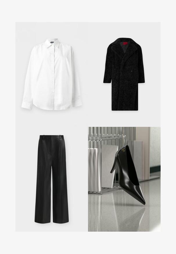 Long manteau en laine noire bouclée texturée avec de larges revers et une fermeture à un seul bouton, présenté sur fond blanc.; Chemise blanche à manches longues avec col pointu, boutonnée, présentée à plat sur un fond blanc uni.; Pantalon noir à jambes larges en simili cuir, taille haute et détail de ceinture sur le côté, sur fond gris clair.; Chaussure noire à talon haut avec bout pointu et logo doré, posée sur une surface réfléchissante près d'un organiseur de dossiers en fil chromé contenant des documents.