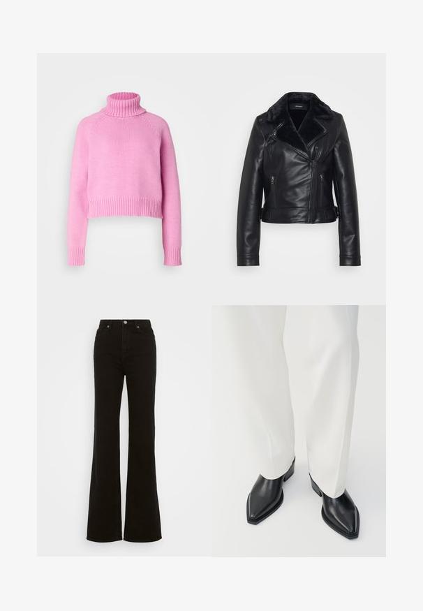 Veste bomber en cuir noir avec un col en fausse fourrure, poches zippées et un design matelassé sur les manches. Silhouette courte et ajustée avec un détail de boucle.; Vero Moda Tall VMMIRANDA - Pullover - fuchsia pink; Jean évasé noir taille haute en denim, avec une fermeture à bouton, des poches latérales et une texture lisse.; Bottines noires à bout pointu en cuir lisse, avec des talons bas en bloc, associées à un pantalon large blanc. Design simple et moderne.