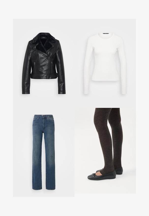 Chaqueta bomber de cuero negra con cuello de piel sintética, bolsillos con cremallera y diseño acolchado en las mangas. Silueta corta y ajustada con un detalle de hebilla.; Camiseta de manga larga blanca de canalé con cuello redondo y silueta ajustada. Textura suave con un diseño simple, sin estampados ni acentos.; Jeans rectos de cintura alta en azul, con bolsillos frontales, pasadores para cinturón, cierre de botón y cremallera. Detalles ligeramente deslavados en los muslos.; Piernas con leggings oscuros acanalados combinados con bailarinas negras que presentan pequeños detalles de lazo sobre un fondo blanco.