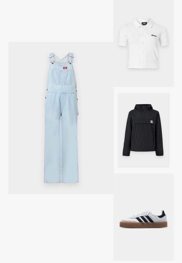 Veste coupe-vent noire avec capuche, dotée d'une poche avant, de poignets élastiques et d'un écusson logo sur la poitrine. Tissu lisse et résistant à l'eau.; Salopette en denim bleu clair avec bretelles réglables, poche avant avec écusson logo rouge et jambes larges et droites.; Chemise blanche à manches courtes boutonnée avec col, tissu texturé et logo noir "Dickies" brodé sur le côté gauche de la poitrine.; Baskets en cuir blanc avec des rayures noires, semelle extérieure en caoutchouc beige, bout rond, fermeture lacée et embout en suède gris doux.