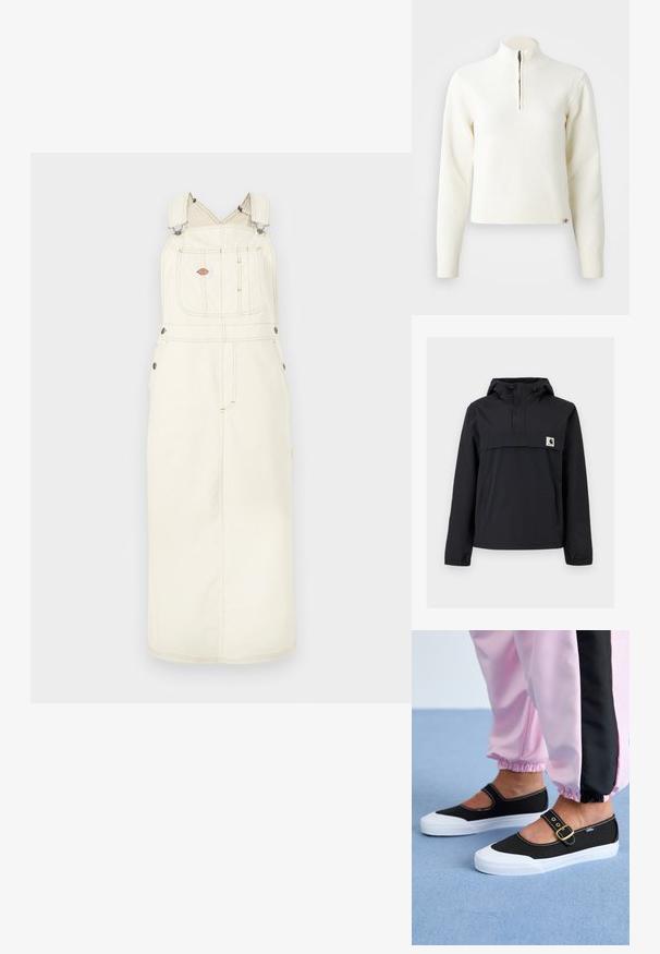Chaqueta cortavientos negra con capucha, que cuenta con un bolsillo frontal, puños elásticos y un parche de logo en el pecho. Tejido liso y resistente al agua.; Suéter blanco con cuello de cremallera y mangas largas. Fabricado en un material de punto suave, con puños y dobladillo acanalados. Logo de la marca sutil en el dobladillo.; Vestido de tirantes de mezclilla beige claro con tirantes ajustables, bolsillo delantero y detalles en metal. Silueta larga con costuras decorativas.; Zapatillas de lona negras con suela blanca, con un diseño recortado y una correa con hebilla dorada. Combinadas con pantalones de chándal rosas.
