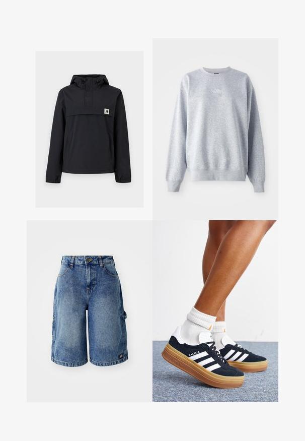 Must mustaga jacket, millel on kapuuts, esikoti, elastsed mansetid ja rinna peal logoga pa patch. Sile, veekindel kangas.; Hallidega hall dressipluus pika varrukaga, ümar kaelus, soonikkoes varrukatooted ja allserv. Rinnal on väike valge logo. Valmistatud puuvilla segu materjalist.; Heledadest lühikesed teksapüksid helesinises toonis, lõdva istuvusega, viie tasku ja nööpkinnitusega. Omab õmblustooted ning väikest logot.; Jalad valgete sokkide ja mustade Adidas Gazelle tossudega, millel on valged triibud ja paksud pruunid tallad, halli vaibaga põrandal.