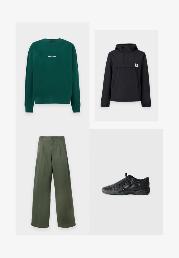 Sort vindjakke med hætte, der har en frontlomme, elastiske manchetter og et logo-patch på brystet. Glat, vandafvisende stof.; Grøn sweatshirt lavet af bomuld, med rund hals, ribstrikkede manchetter og en hvid "PEGADOR" logo på tværs af brystet.; Grønne bukser med vide ben lavet af bomuld, med knaplukning, plisseret front og en glat tekstur med en lige kant.; Sorte læder sportssko med quiltet design, rund tå, snørret foran og gummisål. Har subtil branding på siden.