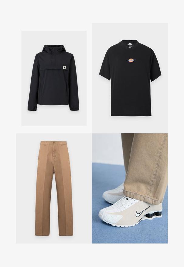 Sort vindjakke med hætte, der har en frontlomme, elastiske manchetter og et logo-patch på brystet. Glat, vandafvisende stof.; Sort kortærmet t-shirt med en lille farverig Dickies-logo centreret på brystet og rund hals.; Brune bomuldssbukser med et lige ben, der har en knaplukning, bæltestropper og minimale syninger for et clean udseende.; Hvide og beige Nike sneakers med perforeret design, sort swoosh-logo, tekstureret overdel og en karakteristisk fjederlignende sort hæl.
