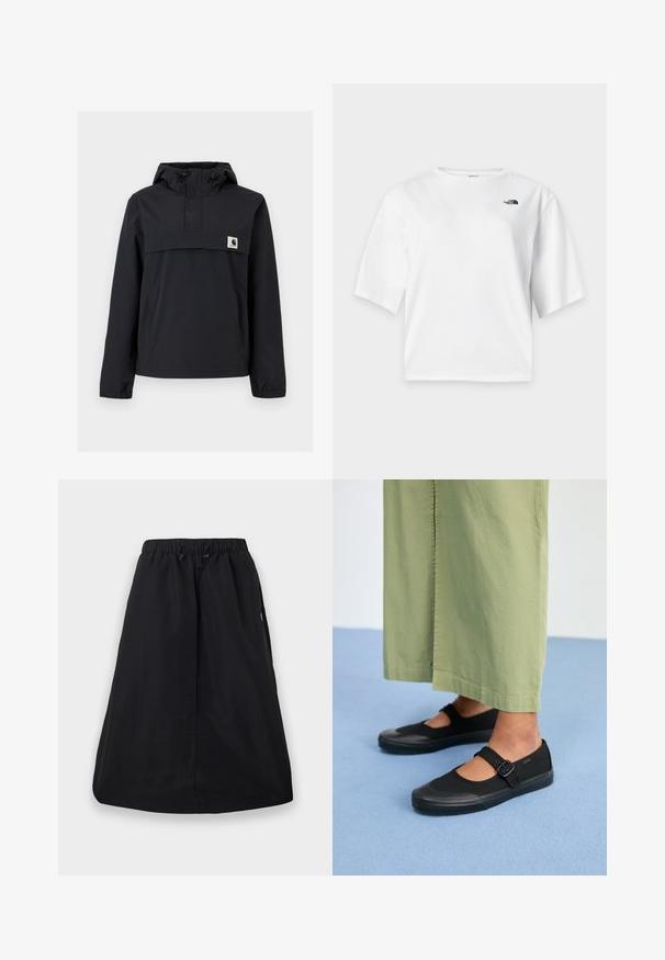 Schwarze Windjacke mit Kapuze, ausgestattet mit einer Vordertasche, elastischen Bündchen und einem Logopatch auf der Brust. Glattes, wasserabweisendes Material.; Weißes Kurzarm-T-Shirt mit Rundhalsausschnitt und schwarzem The North Face-Logo auf der linken Brust.; Schwarzer A-Linien-Rock mit elastischem Bund und verstellbarem Kordelzug, knielang, schlichtes Design mit Seitentaschen.; Schwarze Leinenschuhe mit runder Spitze, Gummisohle und einer Schnallenriemen. Kombiniert mit lockeren, hellgrünen Hosen.