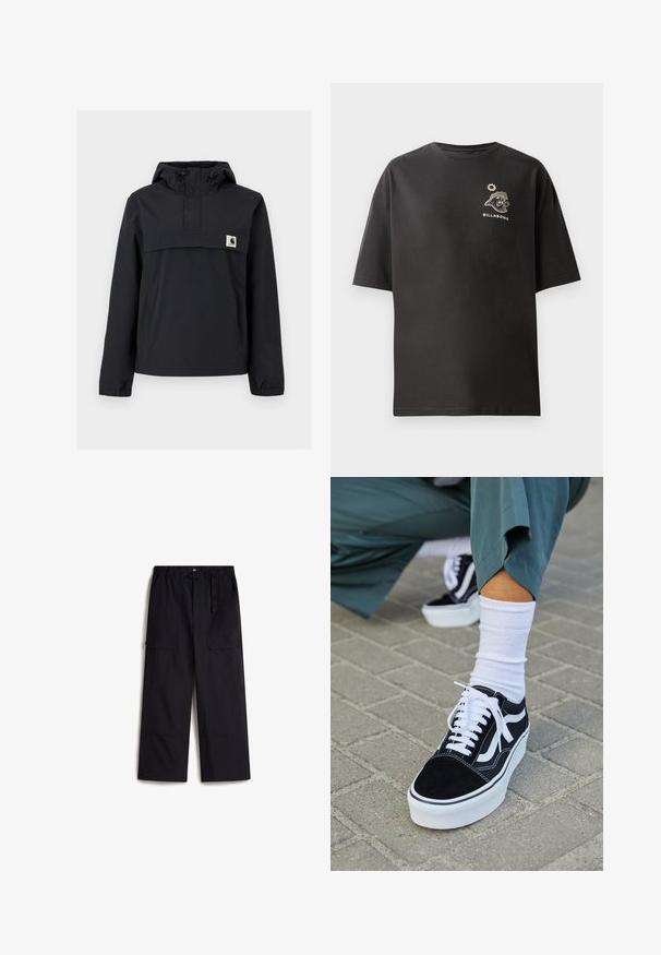 Sort vindjakke med hætte, der har en frontlomme, elastiske manchetter og et logo-patch på brystet. Glat, vandafvisende stof.; Sort t-shirt med korte ærmer, der har et lille hvidt Billabong logo og grafisk motiv på brystet. Fremstillet af blød bomuld med en afslappet pasform.; Sorte cargo bukser med elastisk talje, justerbart bælte og to sidelommer. Fremstillet af et let, struktureret stof.; Sorte ruskinds sneakers med hvide accenter og snørebånd, der har en tyk hvid sål og kontrasterende syninger, parret med en hvid sok.