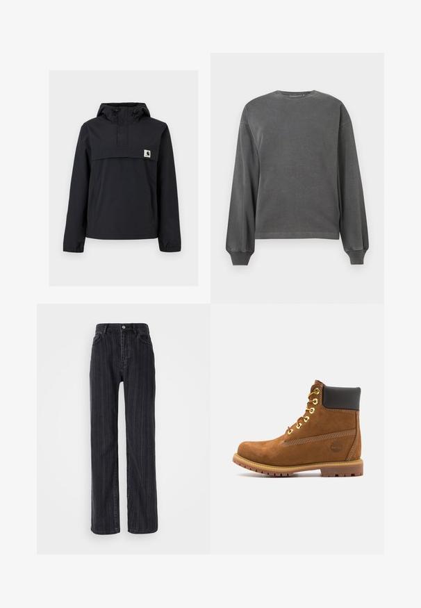 Zwarte windbreaker jas met een capuchon, voorzien van een voorzak, elastische boorden en een logopatch op de borst. Glad, waterafstotend materiaal.; Grijze sweatshirt met lange mouwen en ronde hals, gemaakt van zachte stof. Beschikt over ribbenmanchetten en een losse pasvorm. Minimalistisch ontwerp, zonder patronen.; Hoge taille zwarte denim jeans met een verticale streepjespatroon, rechte pasvorm en een metalen knoopsluiting aan de voorkant.; Bruine suède enkellaars met zwarte gewatteerde kraag, gouden oogjes, vetersluiting aan de voorkant en een rubberen zool met een gestructureerd patroon.