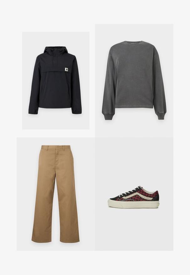 Schwarze Windjacke mit Kapuze, ausgestattet mit einer Vordertasche, elastischen Bündchen und einem Logopatch auf der Brust. Glattes, wasserabweisendes Material.; Grauer Langarm-Sweatshirt mit Rundhalsausschnitt, aus weichem Stoff gefertigt. Mit gerippten Bündchen und entspannter Passform. Minimalistisches Design, ohne Muster.; Braune, weit geschnittene Hosen mit Gürtelschlaufen und einem vorderen Reißverschluss, vor weißem Hintergrund präsentiert.; Vans OLD SKOOL 36 UNISEX - Sneaker low - bordeaux