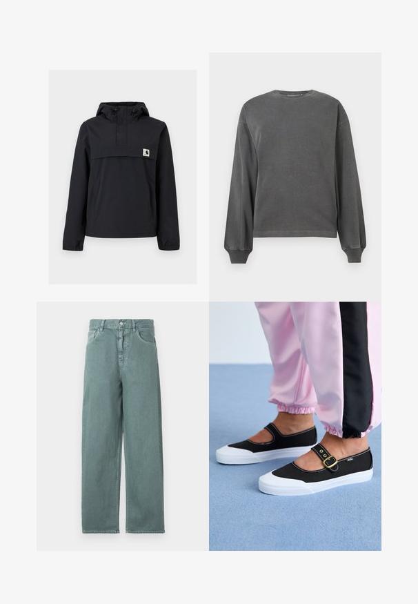 Sort vindjakke med hætte, der har en frontlomme, elastiske manchetter og et logo-patch på brystet. Glat, vandafvisende stof.; Grå langærmet sweatshirt med rund hals, lavet af blødt stof. Har ribbede manchetter og en afslappet pasform. Minimalistisk design, uden mønstre.; Lys grønne brede jeans med knaplukning, fire lommer og subtile syninger, lavet af et glat bomuldsstof.; Sorte lærredssko med en hvid sål, der har et udskæringsdesign og et guldspænde. Bæret med lyserøde træningsbukser.