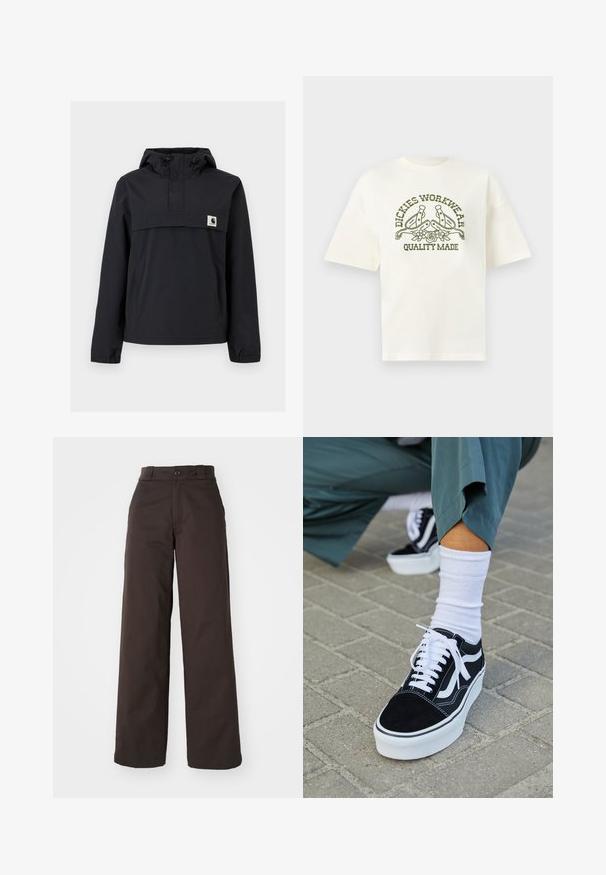 Sort vindjakke med hætte, der har en frontlomme, elastiske manchetter og et logo-patch på brystet. Glat, vandafvisende stof.; Hvid kortærmet T-shirt med olivengrøn "Dickies Workwear Quality Made" tekst og grafik af to sporer og blomster på fronten.; Brune bredbenede bukser med knaplukning og bæltestropper, lavet af holdbart stof, som har en glat tekstur og rene linjer.; Sorte ruskinds sneakers med hvide accenter og snørebånd, der har en tyk hvid sål og kontrasterende syninger, parret med en hvid sok.