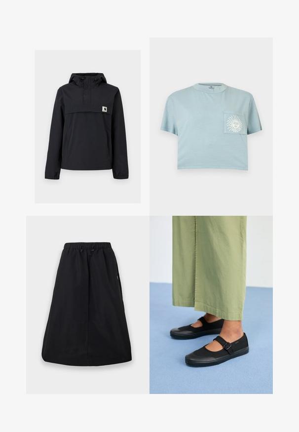 Must mustaga jacket, millel on kapuuts, esikoti, elastsed mansetid ja rinna peal logoga pa patch. Sile, veekindel kangas.; Hele sinine lühendatud T-särk lühikeste varrukatega ja rinnataskuga, millel on valge päikese ja näo graafika koos tekstiga "VOLCOM".; Must A-lõikega seelik elastse vöökohaga ja reguleeritava nööriga, põlveni ulatuv, ühevärviline disain küljetaskutega.; Mustad musta värvi kangast jalanõud ümarate varvastega, kummist talla ja kahe pandla rihmaga. Kombineeritud vabade, helesiniste pükstega.