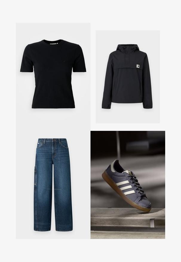 Veste coupe-vent noire avec capuche, dotée d'une poche avant, de poignets élastiques et d'un écusson logo sur la poitrine. Tissu lisse et résistant à l'eau.; T-shirt noir à manches courtes à côtes et col rond ; arbore un logo subtil sur la poitrine ; fabriqué en tissu doux et texturé.; Jean large en denim bleu foncé avec taille haute, cinq poches et fermeture à bouton. Présente des détails de couture discrets et une coupe décontractée.; Baskets grises avec des rayures blanches. Tige en cuir, bout de la chaussure avec texture et semelle en gomme. Présente un laçage à l'avant et un col rembourré pour le confort.