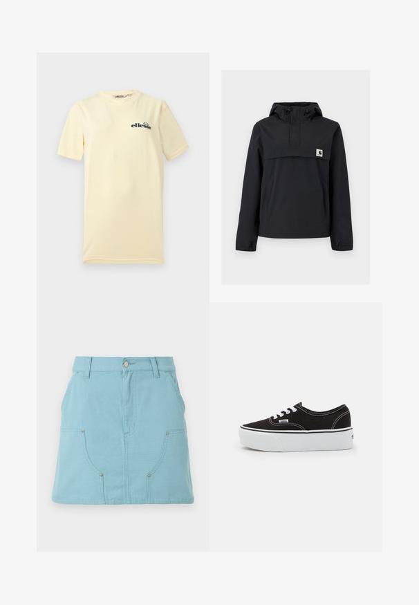 Veste coupe-vent noire avec capuche, dotée d'une poche avant, de poignets élastiques et d'un écusson logo sur la poitrine. Tissu lisse et résistant à l'eau.; T-shirt jaune pâle à manches courtes et col rond avec un petit logo Ellesse bleu foncé sur la poitrine gauche sur fond clair.; Jupe trapèze bleu clair avec poches avant, passants pour ceinture et fermeture à bouton à la taille, présentée sur un fond blanc.; Baskets en toile noires avec une semelle en caoutchouc blanc, dotées de lacets et de coutures blanches, marquage emblématique sur le côté, design basse.