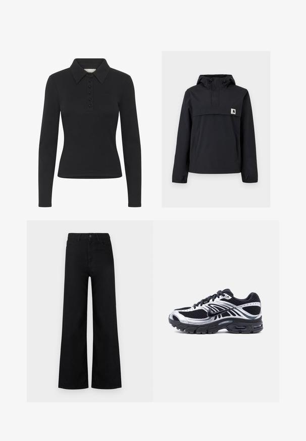 Sort vindjakke med hætte, der har en frontlomme, elastiske manchetter og et logo-patch på brystet. Glat, vandafvisende stof.; Sort langærmet polo-shirt med ribbet struktur, knaplukning og et subtilt logo. Har en klassisk krave-design.; Sorte højttaljede vidde-jeans med lommer foran og bagpå, lukning med knap og lynlås, vist mod en hvid baggrund.; Sort og sølv Nike løbesko med mesh-overdel, luftpolstret sål og snørebånd, vist fra siden på en hvid baggrund.