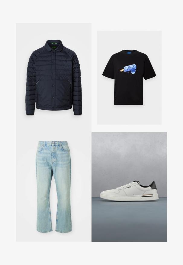 Marineblå pufferjakke med knappelukning foran, raglanærmer og to sidelommer. Har en grøn indvendig label og tekstureret vandret syning.; Sort t-shirt med korte ærmer med en blå smeltende ispindsgrafik og teksten "HUGO" på fronten, med rund halsudskæring.; Lysblå denim flared jeans med høj talje, der har fem lommer, bæltestropper og en toned vævning.; Hvide lavtoppede sneakers med sort hæl, snørebånds lukning, subtile perforeringer og "BOSS" logo på siden, vist fra ydersiden i profil.