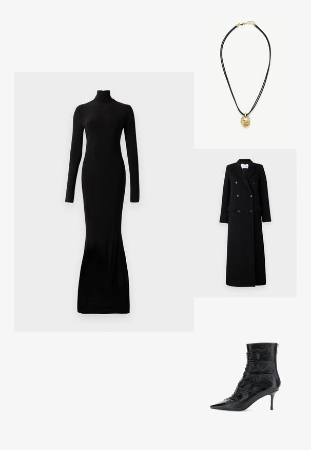 Samsøe Samsøe COAT MAXI - Abrigo clásico - black; Vestido negro de manga larga con cuello alto. Fabricado con una tela suave. Diseño ajustado que se extiende hasta un dobladillo acampanado en la parte inferior.; Botín negro de punta afilada con cuero fruncido y tacón de aguja delgado de altura media, con cierre de cremallera en la parte trasera.; Collar de doble cordón negro con un colgante abstracto de lazo retorcido en oro y cierre dorado con cadena extensora.