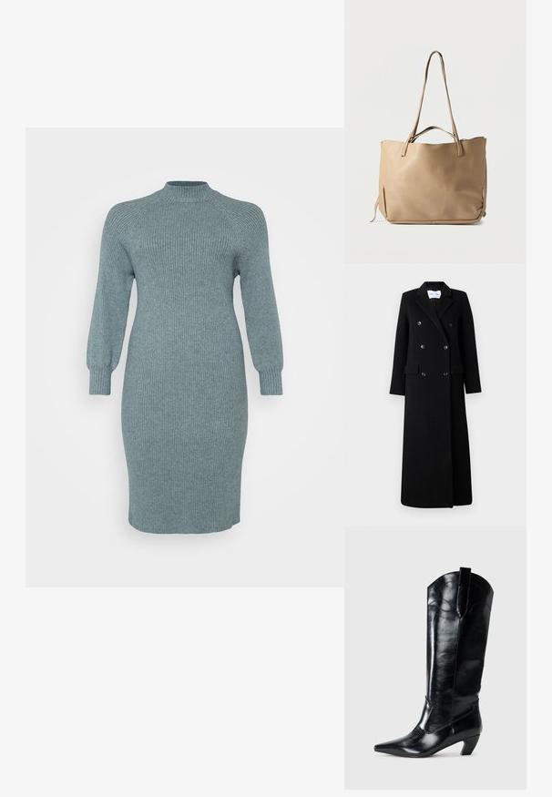 Samsøe Samsøe COAT MAXI - Klassisk frakke - black; Ribbet teal strikkjole med lange puffærmer og høj halsudskæring, tætsiddende pasform, knælang, tekstureret overflade, ingen synlige mønstre eller hardware.; Sorte læderknæhøje støvler med spids tå, lav hæl og dekorative syninger på siderne. Glat, blank overflade.; Beige lædertaske med to lange skulderremme, en tekstureret overflade og et minimalistisk design. Har en åben top og sidelukninger.