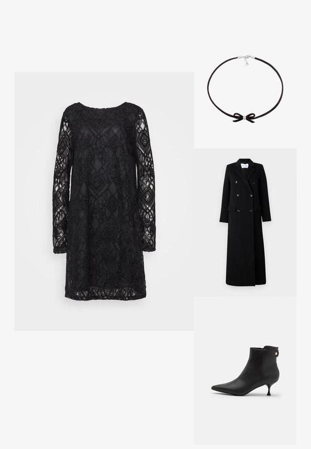 Samsøe Samsøe COAT MAXI - Klassischer Mantel - black; Schwarzes Spitzenkleid mit geometrischem Muster, langen Ärmeln und Rundhalsausschnitt, mit transparenter Textur und fester Unterlage.; Anna Field by Zalando Stiefelette - black; Schwarzer Wildleder-Choker mit einer kleinen zentralen Silberperle und einem Schleifendetail, ausgestattet mit einem einfachen Verschluss und einer verstellbaren Kette.