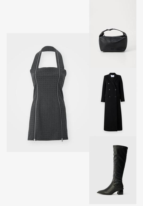 Samsøe Samsøe COAT MAXI - Klassikaline mantel - black; Mustraalne musta ja halli värvi kinkepõll, millel on rippuva kaelusega, ruudukujuline kaelus, eeskaeluse tõmblukk ja keha järgiv lõige. Valmistatud tekstuurilisest kangast.; Musternahast mustast nahast säärepidulik king, millel on terav nina, tekstuuriga pealispind ja paks plokkkonts. Omab elastseid külgi, mis võimaldavad lihtsat selga panemist.; Must musta käekott ümarate kujuga, millel on lühike käepide ja lukuga sulg. Logo on esiküljel sisse pressitud. Sile tekstuur.