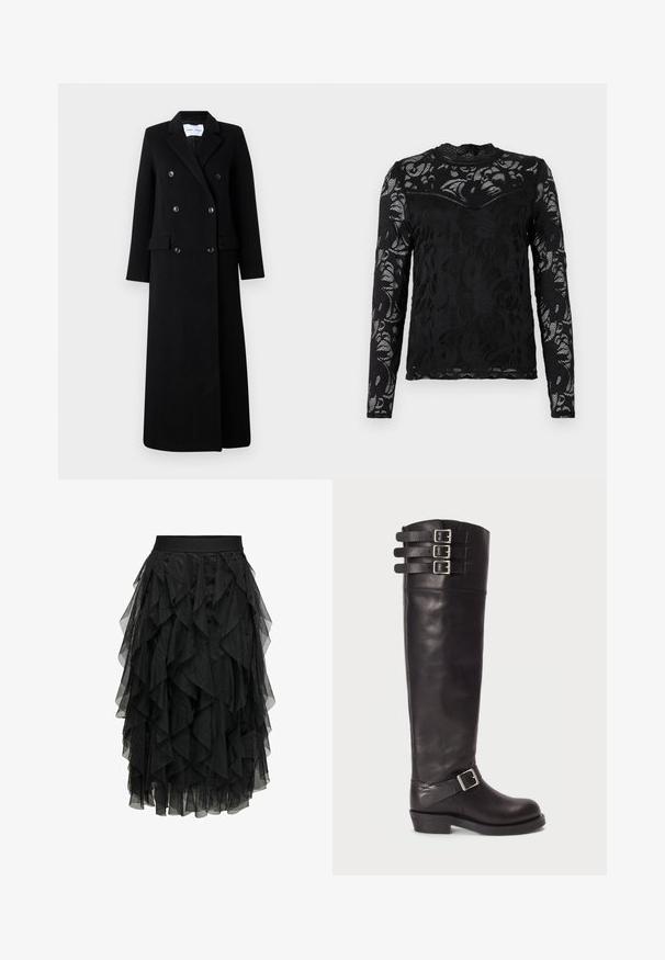 Samsøe Samsøe COAT MAXI - Manteau classique - black; Top noir à manches longues en dentelle, présentant un motif floral, un col haut et une silhouette ajustée avec des détails texturés.; Jupe noire en tulle superposé avec un design à volants. Elle dispose d'une taille élastique. Le tissu transparent ajoute de la texture et du mouvement.; Botte noire en cuir jusqu'au genou avec un bout arrondi, trois boucles de sangle sur le haut et un détail de boucle sur le côté. Semelle plate et texture lisse.