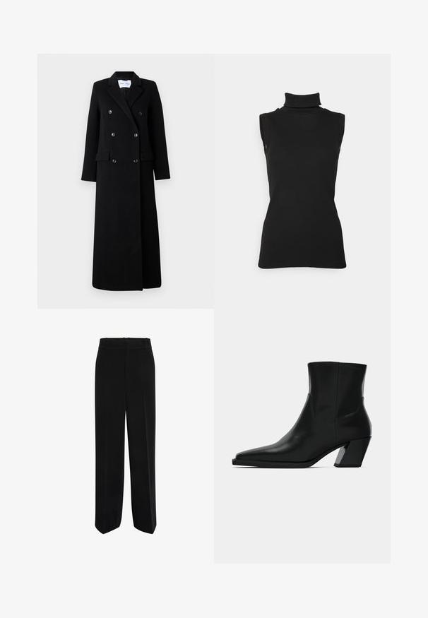 Samsøe Samsøe COAT MAXI - Manteau classique - black; Top noir sans manches en maille côtelée, avec un col haut et une silhouette ajustée. Texture lisse avec un minimum de détails.; Pantalons larges noirs en tissu lisse, avec une taille haute et un design à l'avant plat, sans poches ni embellissements.; Bottine en cuir noir avec un bout pointu, une silhouette élégante et un talon carré massif. Texture lisse avec des détails de couture minimalistes.