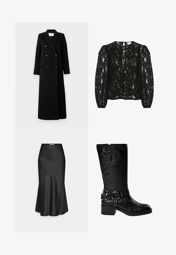 Samsøe Samsøe COAT MAXI - Manteau classique - black; Blouse en dentelle noire avec de longues manches bouffantes, un col haut et une ouverture en forme de goutte dans le dos. Le motif floral complexe ajoute de la texture.; DRYKORN NEVIDA - Jupe longue - black; Botte noire en cuir jusqu'au milieu du mollet avec un talon bas carré, deux boucles argentées à la cheville, une boucle près du haut, et une sangle avec un détail en anneau métallique.