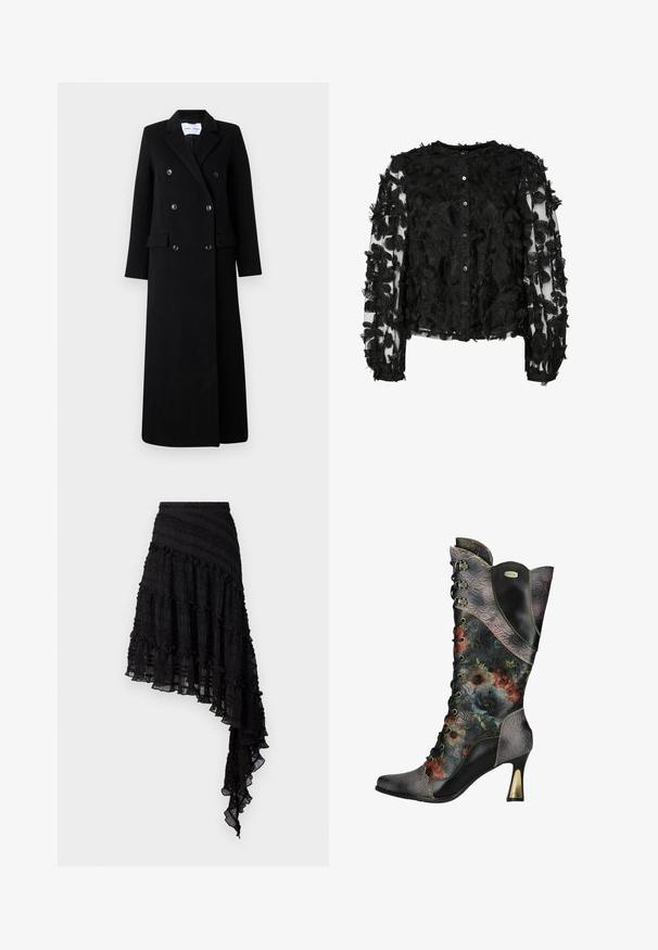 Samsøe Samsøe COAT MAXI - Klassischer Mantel - black; Schwarze Bluse mit aufwändigen bestickten Blumenmustern in strukturiertem Stoff, mit langen Ärmeln und durchgeknöpftem Vorderteil. Transparente Elemente enthalten.; Schwarze asymmetrische Rock mit strukturierten Falten, geschichteten Rüschen und einem gerafften Taillenbund. Leichter Stoff mit transparenter Optik.; Damen schwarze Leder Stiefelette mit hohem Absatz und Schnürung, mit geprägten Blumenmustern und mehrfarbigem Blumenmuster am Schaft und Fuß.