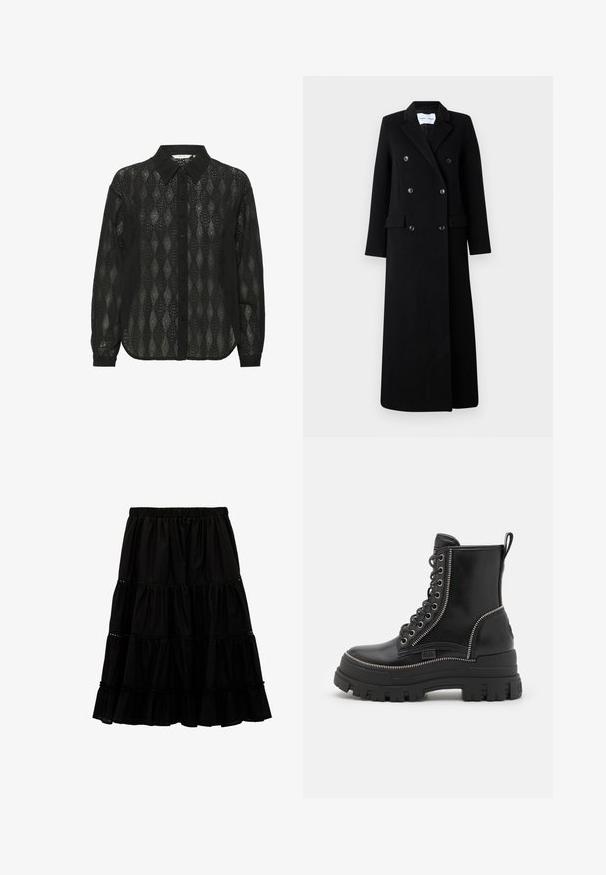 Samsøe Samsøe COAT MAXI - Klassisk frakke - black; Sort skjorte med knapfront lavet af gennemsigtig stof med et diamantmønster og spidse kraver. Lange ærmer med knapmanchetter.; Sort knælang nederdel med elastisk taljebånd, lagdelt flæsedesign og delikat blondedetalje på hvert lag.; Sorte læder ankelstøvler med en kraftig gummisål, med snørebånd foran, lynlås på siden og sølvfarvede lynlåsdetaljer.