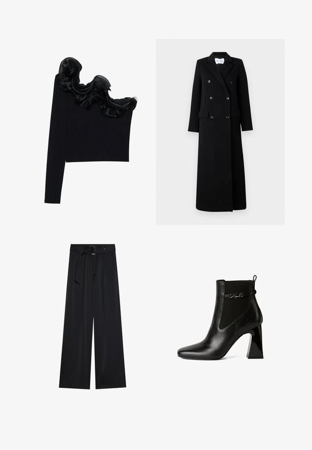 Samsøe Samsøe COAT MAXI - Klasický kabát - black; Čierny top na jedno rameno s volánkovým priesvitným prešívaním pozdĺž dekoltu, vyrobený z ľahkej tkaniny s hladkou textúrou.; Čierne nohavice s širokými nohavicami vyrobené z hladkého materiálu, so zvýšeným pásom, opaskom a detailom slučky, a so výraznými prednými skladmi.; KARL LAGERFELD ASTRA NOVA GORE - Členkové čižmy na vysokom opätku - black lthr