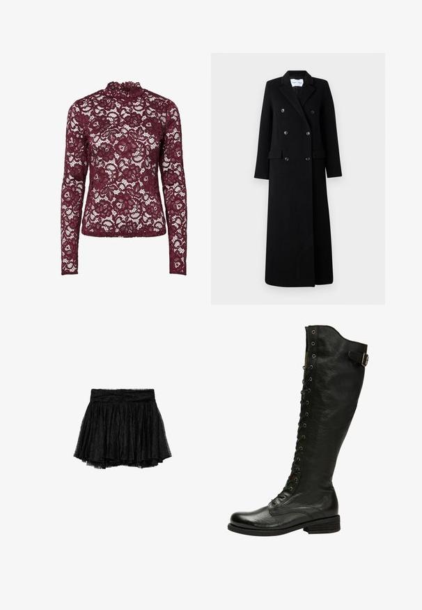Samsøe Samsøe COAT MAXI - Mantel - black; Bordeauxkleurige kanten top met lange mouwen, bloemmotief en hoge halslijn, met doorschijnende stof en aansluitende pasvorm.; Zwarte kanten rok met een geplooid ontwerp, voorzien van een aangesloten tailleband en een gelaagde tulevoering voor extra volume en textuur.; Zwarte leren kniehoog laars met vetersluiting aan de voorkant, zilveren oogjes en een bucklet aan de zijkant. Heeft een gestructureerde afwerking en een gestapelde hak.