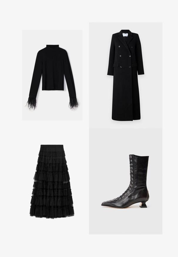 Samsøe Samsøe COAT MAXI - Klassisk frakke - black; Sort langærmet top med høj hals; har tekstureret fjerkant ved ærmekanterne; lavet af blødt, elastisk stof.; Sort lagdelt nederdel lavet af tyl med flere flæse-lag og elastik i taljen, med en gennemsigtig tekstur og knælængde design.; Sort læder ankelstøvle med spids tå, snøring foran, metaløjer, lav blokhæl og et strømlinet design. Glat tekstur, moderne silhuet.