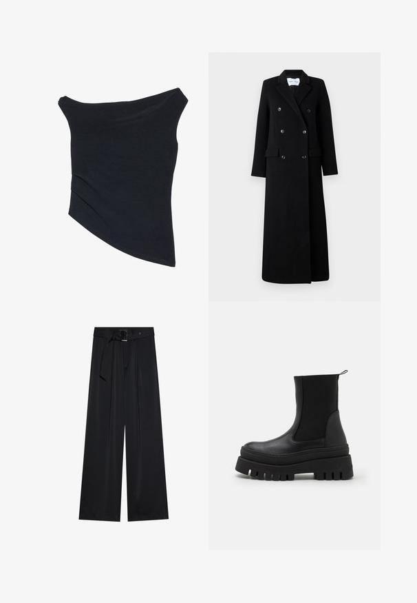 Samsøe Samsøe COAT MAXI - Abrigo clásico - black; Top negro, con tirantes caídos, de diseño ajustado, con un dobladillo asimétrico y una textura suave y lisa. Presenta tela fruncida en el escote.; Pantalones de pierna ancha negros, confeccionados en una tela suave, que presentan una cintura alta con un cinturón y detalles de lazo, y pliegues frontales prominentes.; Botas negras hasta el tobillo con un upper de piel lisa, paneles laterales elásticos y una suela de goma gruesa con surcos profundos para mejor tracción.
