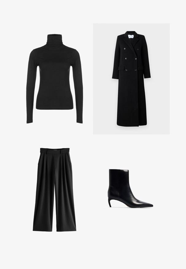 Samsøe Samsøe COAT MAXI - Klasický kabát - black; Čierny dlhý rukáv rolák, vyrobený z jemnej, elastickej látky. Vyznačuje sa vysokým golierom a priliehavým strihom, bez viditeľných vzorov alebo akcentov.; Čierne široké nohavice s skladmi, bočnými vreckami a pásom s pútkami na opasok.; Čierne kožené členkové topánky s špicatou špičkou a malým, štíhlym podpätkom. Hladká textura s elegantným, minimalistickým dizajnom.