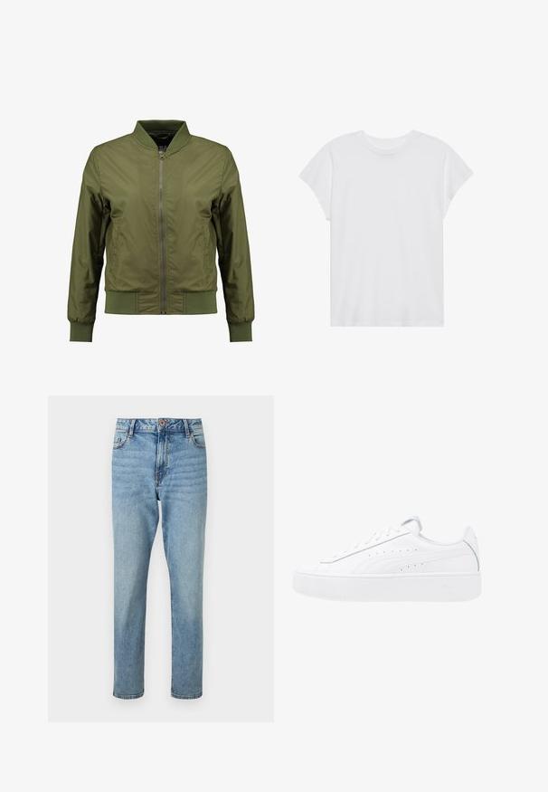 Chaqueta bomber de color verde oliva con cierre frontal de cremallera, cuello, puños y dobladillo de canalé, y paneles laterales texturizados para un detalle adicional.; Camiseta blanca de manga corta con cuello redondo, corte relajado, hecha de suave tela de algodón. Textura lisa, sin estampados ni logotipos.; Vaqueros azul claro de tiro alto y pierna recta con cierre frontal de botón y cremallera, bolsillos delanteros y sutiles detalles descoloridos.; Zapatillas de plataforma blancas con parte superior de cuero, puntera redonda y cierre de cordones. Presenta perforaciones laterales y un sutil logotipo en el talón.