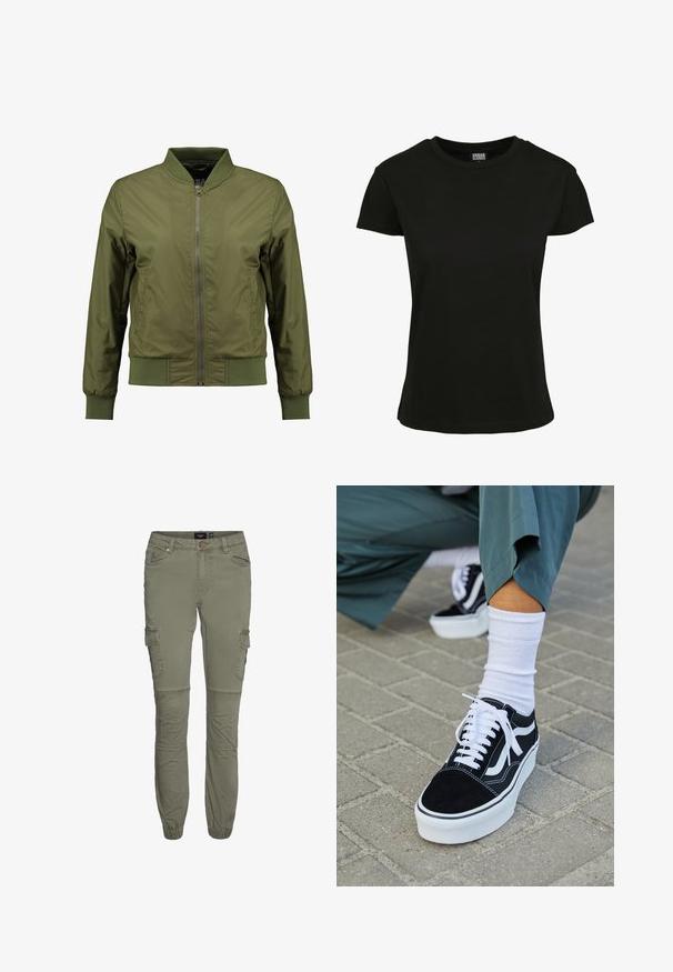 Olivengrøn bomberjakke med frontlynlås, ribbede kanter ved halsen, ærmerne og nederste kant samt strukturerede sidelapper for ekstra detaljer.; Sort kortærmet t-shirt lavet af bomuld. Har en rund hals og en standard pasform med en glat tekstur. Ingen synlige mønstre eller accenter.; Olivengrønne cargo bukser i en slidstærk bomuldsblanding med tætsiddende manchetter, flere lommer og knæfold for øget bevægelighed.; Sorte ruskinds sneakers med hvide accenter og snørebånd, der har en tyk hvid sål og kontrasterende syninger, parret med en hvid sok.
