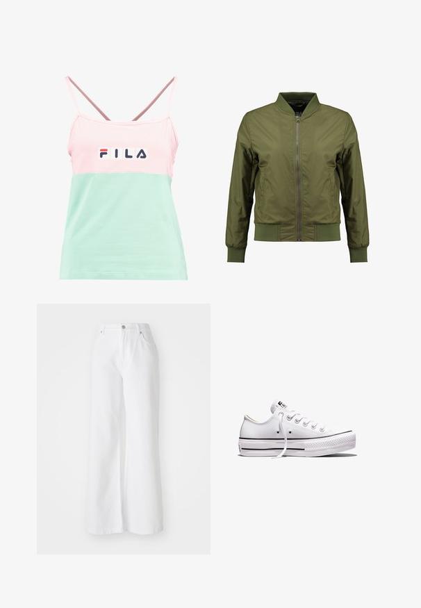 Ελαφρώς πράσινο bomber jacket με φερμουάρ μπροστά, ριπ κοψίματα στον λαιμό, μανίκια και στρίφωμα, με υφασμάτινες πλευρικές λεπτομέρειες για πρόσθετο στυλ.; Ροζ και μέντα φορεμάκι από βαμβάκι, με λεπτές τιράντες και έντονο λογότυπο FILA διαγώνια στο στήθος. Λείος υφασμάτινος σχεδιασμός, χαλαρή αισθητική.; Άσπρο τζιν παντελόνι σε φαρδιά γραμμή με ψηλή μέση, διαθέτει μπροστινές τσέπες και κλείσιμο με ασημένιο κουμπί. Η υφή είναι λεία με ομοιόχρωμο σχέδιο.; Λευκό αθλητικό παπούτσι χαμηλής κοπής από καμβά με λευκά κορδόνια, λαστιχένια σόλα, μαύρες ρίγες και λογότυπο στην γλώσσα και στη φτέρνα.