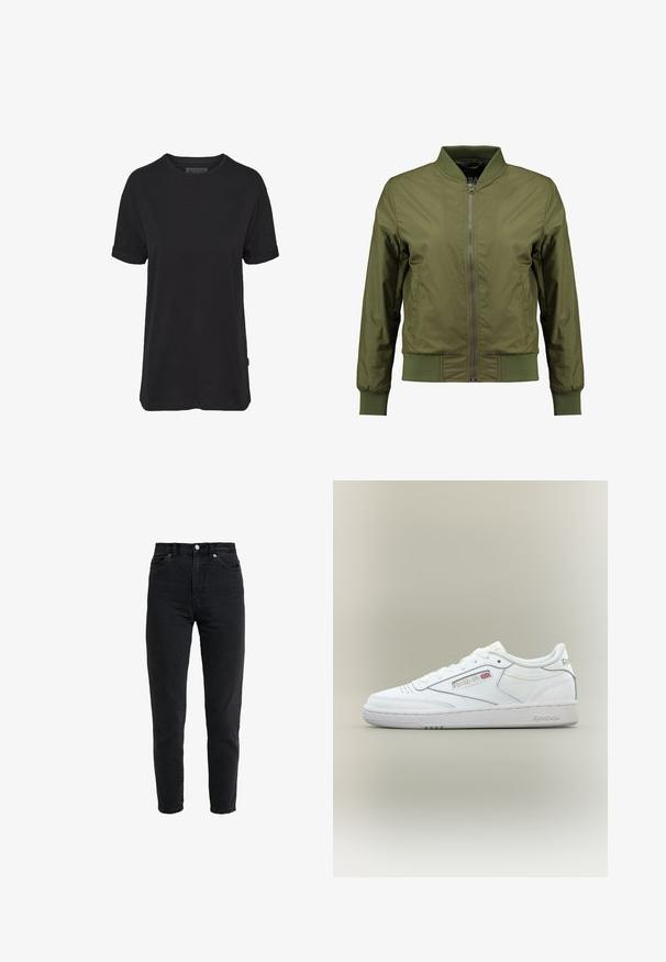 Olivengrøn bomberjakke med frontlynlås, ribbede kanter ved halsen, ærmerne og nederste kant samt strukturerede sidelapper for ekstra detaljer.; Sort bomulds T-shirt med korte ærmer, rund halsudskæring og oprullede manchetter; har et diskret mærketræk på sidekanten.; High-waist sort denim jeans med forreste knap og lynlås, to forlommer og en tilspidset ben foran på en hvid baggrund.; Hvid Reebok low-top sneaker med syningsdetaljer, perforeringer nær tæerne og Reebok-logo med et lille Union Jack på siden.