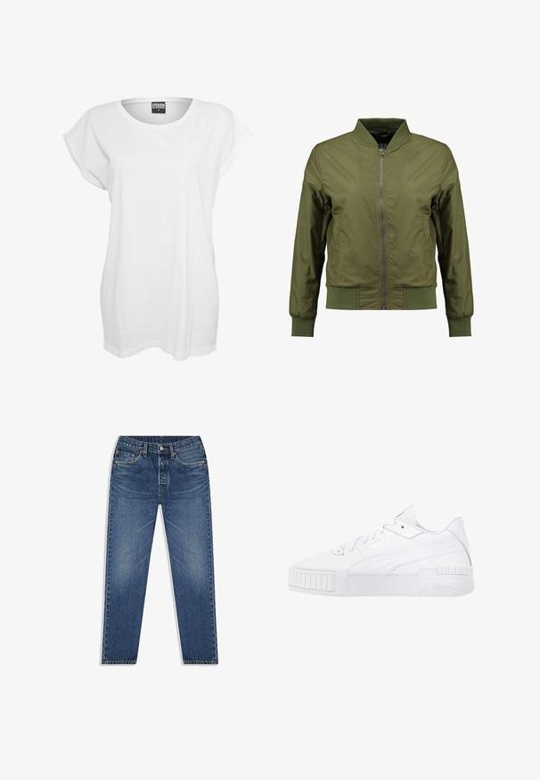 Veste bomber vert olive avec fermeture éclair à l'avant, col, poignets et ourlet côtelés, et panneaux latéraux texturés pour un détail supplémentaire.; T-shirt blanc à manches courtes en coton, présentant une coupe décontractée, un large décolleté et un design minimaliste sans motifs ni accents.; Jean en denim bleu avec une coupe droite, présentant un système de fermeture à bouton et à glissière, cinq poches et un léger effet délavé.; Puma CALI SPORT - Baskets basses - white