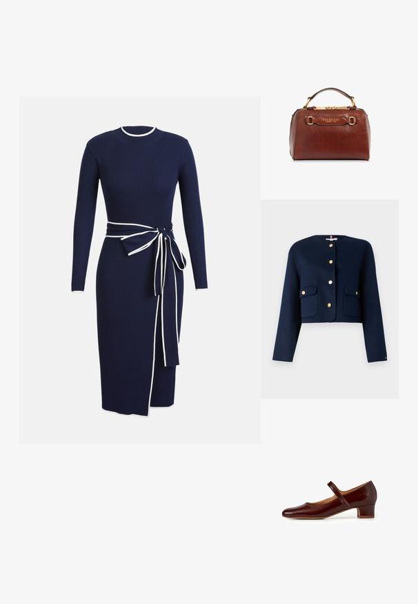 Veste courte en laine marine avec manches longues, boutons dorés et deux poches plaquées à l'avant. Présente un col rond et des lignes épurées.; Robe en tricot côtelé bleu marine avec des manches longues, un col rond et des finitions blanches. Dotée d'une ceinture nouée à la taille et d'une fente sur le côté pour le détail.; Chaussure Mary Jane en cuir verni bourgogne profond, avec un bout arrondi, un petit talon carré et une sangle ajustable sur le cou-de-pied.; Petit sac à main en cuir marron avec ferrures dorées, poignée supérieure, et inscription embossée "THE BRIDGE FIRENZE 1969" sur le devant.