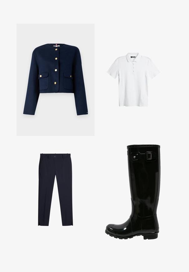 Veste courte en laine marine avec manches longues, boutons dorés et deux poches plaquées à l'avant. Présente un col rond et des lignes épurées.; Polo-shirt blanc avec un motif de vagues subtil, à manches courtes et avec une patte de boutonnage à trois boutons. Fabriqué en tissu léger et doux.; Pantalons slim-fit bleu marine foncé pour hommes avec passants de ceinture, poches avant, fermeture à glissière et petites fentes sur le devant des jambes à l'ourlet.; Botte de pluie en caoutchouc noir avec une finition brillante, design haut, accent de boucle sur le côté, semelle texturée pour l'adhérence et bout arrondi.