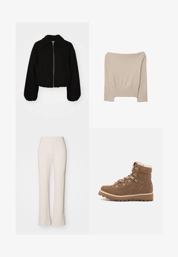 Veste noire courte en tissu doux et texturé. Elle dispose d'un col et de manches longues légèrement bouffantes avec une fermeture éclair à l'avant.; Pull en tricot beige à épaules dénudées avec un ourlet côtelé, des manches trois-quarts et une coupe décontractée, fabriqué en tissu doux.; Pantalons tricotés côtelés crème avec une coupe évasée, dotés d'une taille haute et d'une texture lisse. Le tissu semble extensible et doux.; Botte chelsea en suède marron avec doublure en fausse fourrure, œillets métalliques et une semelle en caoutchouc épaisse présentant un motif de traction texturé.